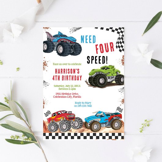 Need Four Speed Monster Truck Boy 4th Birthday  招待状
