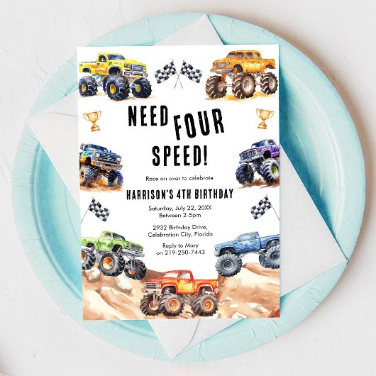 Need Four Speed Monster Truck Boy 4th Birthday  招待状