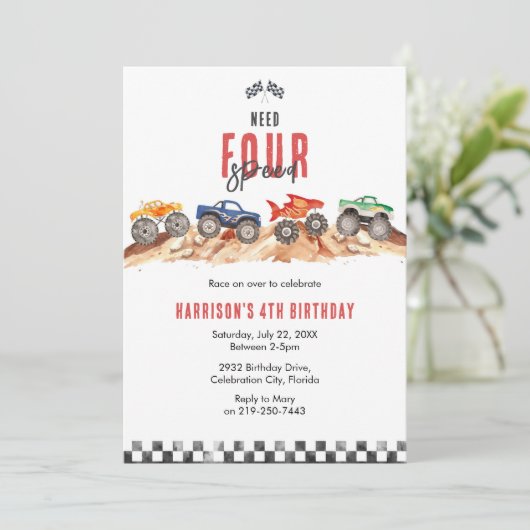 Need Four Speed Monster Truck Boy 4th Birthday 招待状 (スタンド正面)