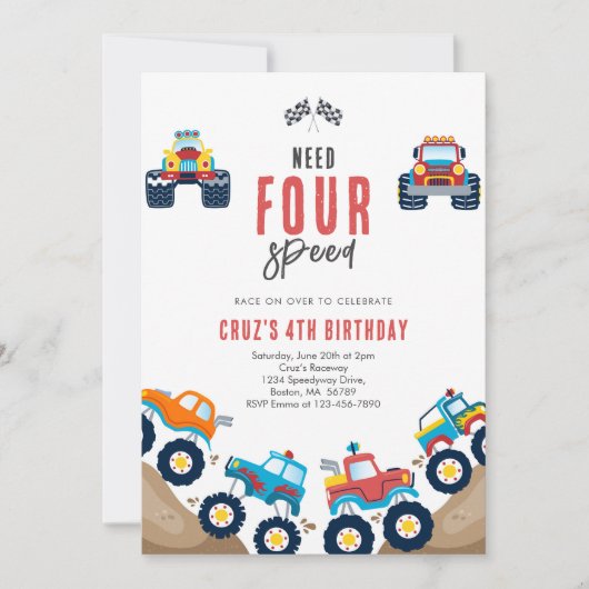 Need Four Speed Monster Truck Boy 4th Birthday Inv 招待状 (正面)