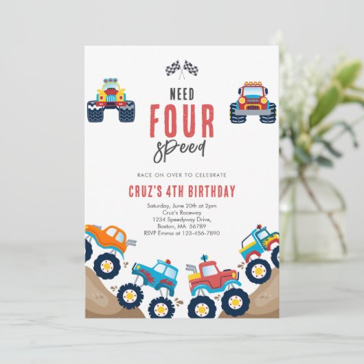 Need Four Speed Monster Truck Boy 4th Birthday Inv 招待状 (スタンド正面)