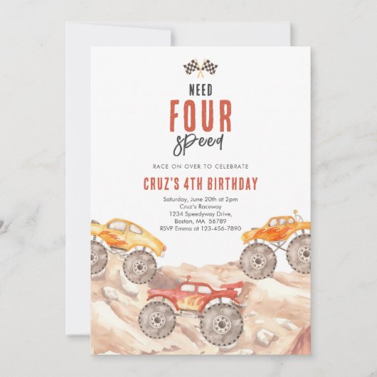 Need Four Speed Monster Truck Boy 4th Birthday Inv 招待状 (正面)