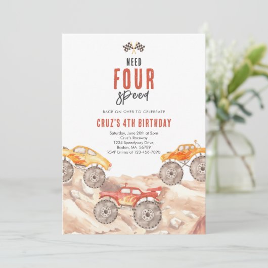 Need Four Speed Monster Truck Boy 4th Birthday Inv 招待状 (スタンド正面)