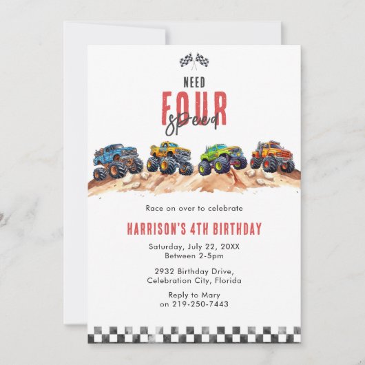 Need Four Speed Monster Truck Boy 4th Birthday Inv 招待状 (正面)