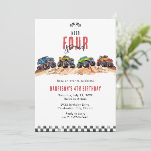Need Four Speed Monster Truck Boy 4th Birthday Inv 招待状 (スタンド正面)