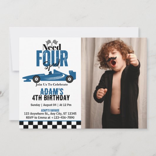 Need Four Speed Race Car Boy 4th Birthday Photo 招待状 (正面)