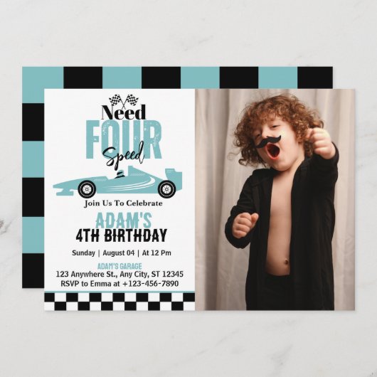 Need Four Speed Race Car Boy 4th Birthday Photo 招待状 (正面/裏面)