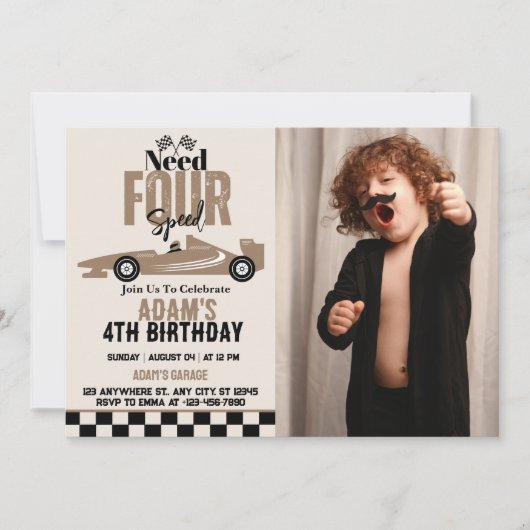 Need Four Speed Race Car Boy 4th Birthday Photo 招待状 (正面)
