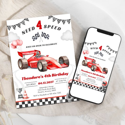 Need Four Speed Racing Car Boy 4th Birthday 招待状