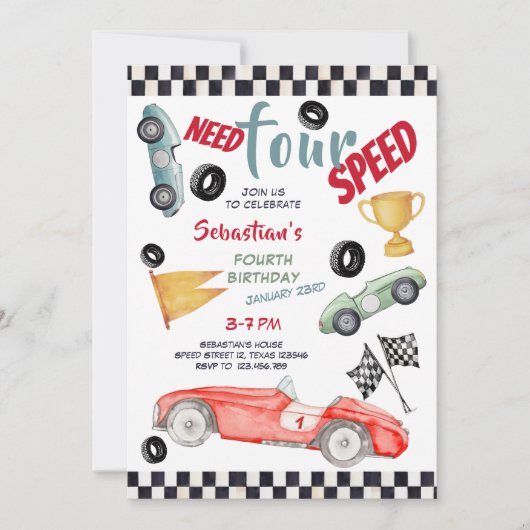 Need four speed racing car fourth kids birthday 招待状 (正面)