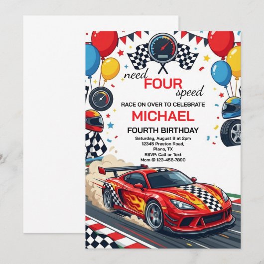 Need Four Speed Red Race Car 4th Birthday Party 招待状 (正面/裏面)