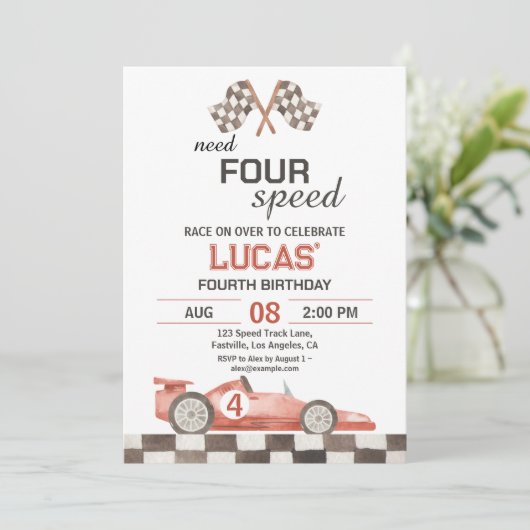 Need Four Speed Red Race Car 4th Birthday Party 招待状 (スタンド正面)