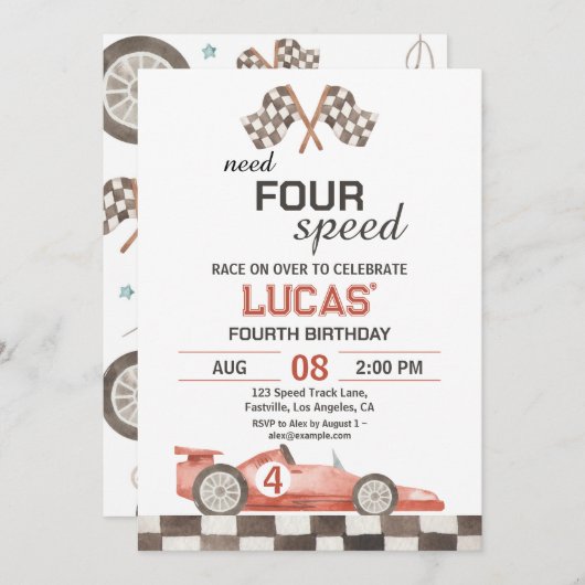 Need Four Speed Red Race Car 4th Birthday Party 招待状 (正面/裏面)