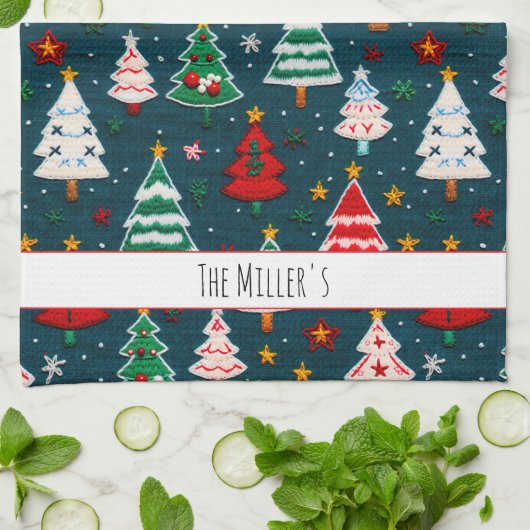 Needlework Christmas Trees Festive Holiday キッチンタオル (折り畳み)