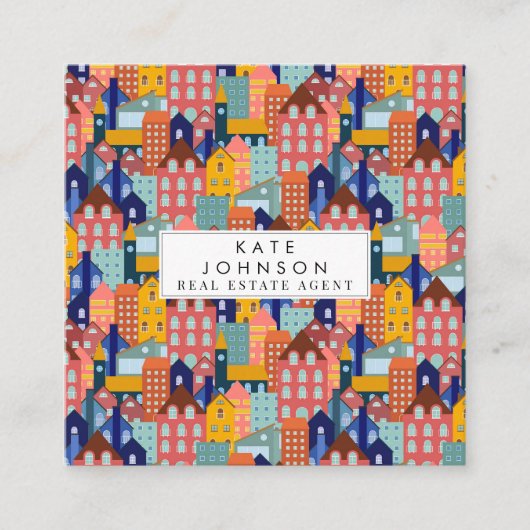 Neighborhood Block City Houses QR Code スクエア名刺 (正面)