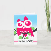 NeighborHOOT、かわいいピンクのフクロウ、プンへようこそ カード (正面)