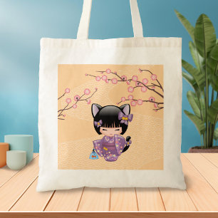 Neko Kokeshi Doll - Cat Ears Geisha Girl トートバッグ