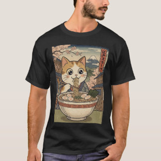 Neko Ramen Dreams – Japanese Woodblock Style Cat T Tシャツ