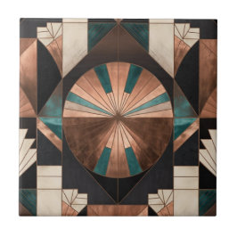 Neo Art Deco Geometric Teal Copper Gold Sunburst タイル