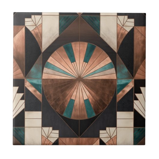 Neo Art Deco Geometric Teal Copper Gold Sunburst タイル (正面)