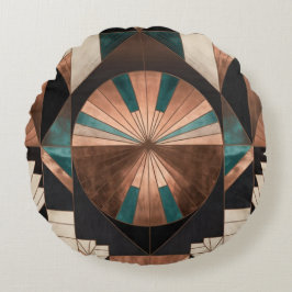 Neo Art Deco Geometric Teal Copper Gold Sunburst ラウンドクッション