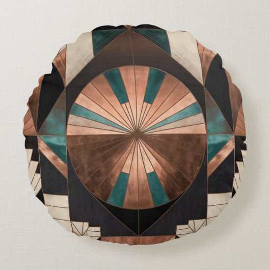 Neo Art Deco Geometric Teal Copper Gold Sunburst ラウンドクッション (正面)