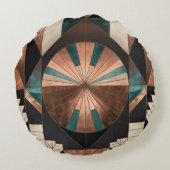 Neo Art Deco Geometric Teal Copper Gold Sunburst ラウンドクッション (裏面)