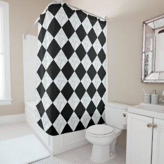 Neo Deco Black and Faux White Marble Checkerboard シャワーカーテン