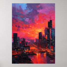 Neo Expressionist Bangkok Skyline Vibrant Sunset ポスター