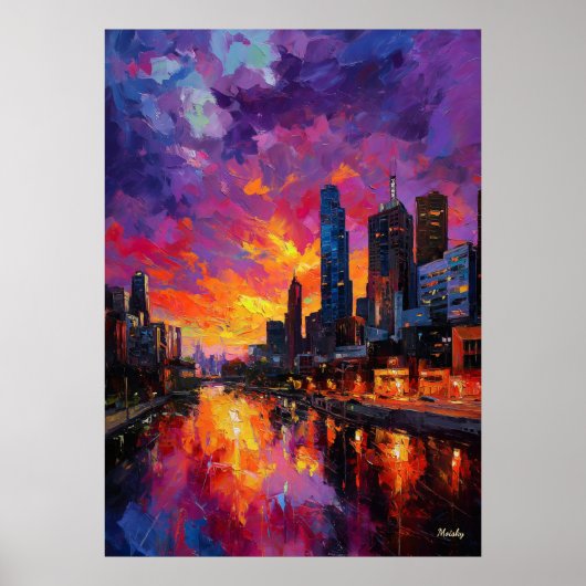 Neo Expressionist Melbourne Skyline Vibrant Sunset ポスター (正面)