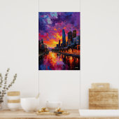 Neo Expressionist Melbourne Skyline Vibrant Sunset ポスター (キッチン)