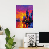 Neo Expressionist Mumbai Skyline Vibrant Sunset ポスター (ホームオフィス)