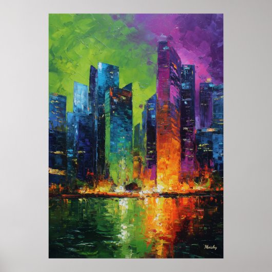 Neo Expressionist Singapore Skyline Vibrant Sunset ポスター (正面)