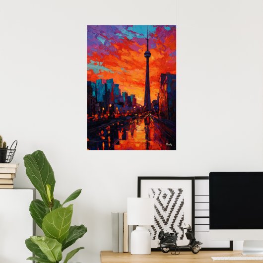 Neo Expressionist Toronto Skyline Vibrant Sunset ポスター (ホームオフィス)