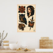 Neo-Traditional Tattoo Flash Sheet Matte  Art ポスター (キッチン)