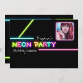 NEONパーティーグローフォトバースデーパーティーへの招待 招待状 (正面/裏面)