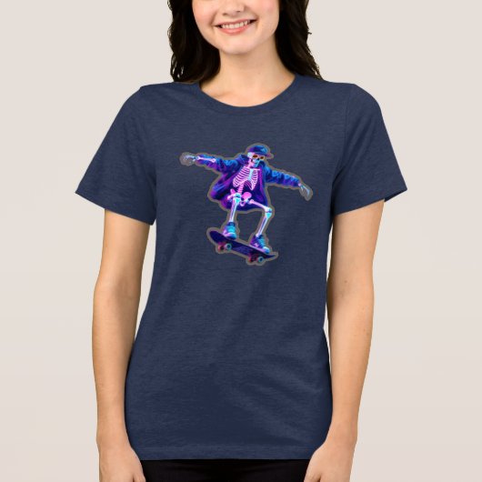 Neon 3D Skeleton Skateboarding – Funny Streetwear  トライブレンドＴシャツ (正面)