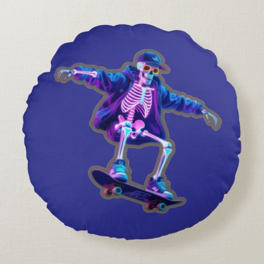 Neon 3D Skeleton Skateboarding – Funny Streetwear  ラウンドクッション (正面)