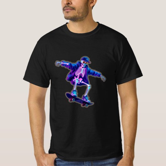 Neon 3D Skeleton Skateboarding – Funny Streetwear  Tシャツ (正面)