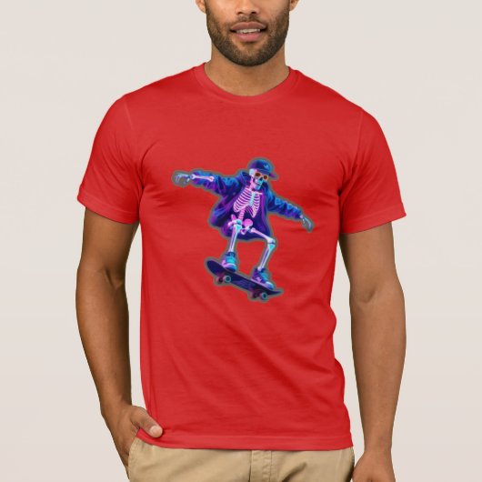 Neon 3D Skeleton Skateboarding – Funny Streetwear  Tシャツ (正面)