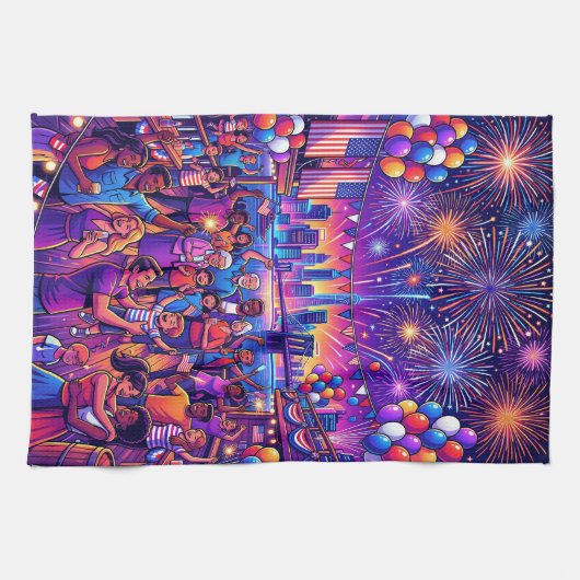 Neon 4th of July Independence Day Celebration キッチンタオル (横)