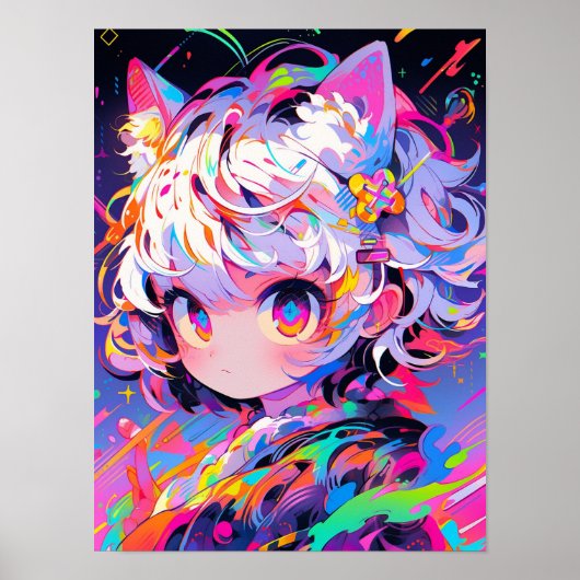 Neon Abstract Cat Girl Pop Art ポスター (正面)