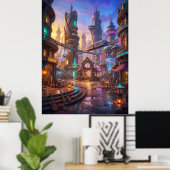 Neon Alien City Sunset Square ポスター (ホームオフィス)