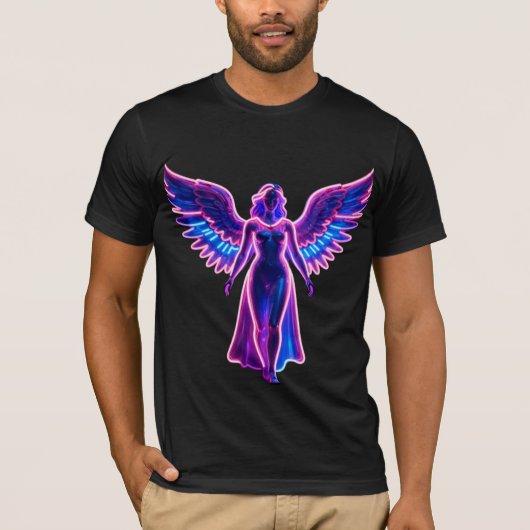 Neon Angel Wings Cyberpunk Aesthetic Men's T-Shirt Tシャツ (正面)