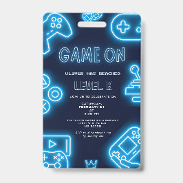 Neon Any year video games birthday invitation バッジ