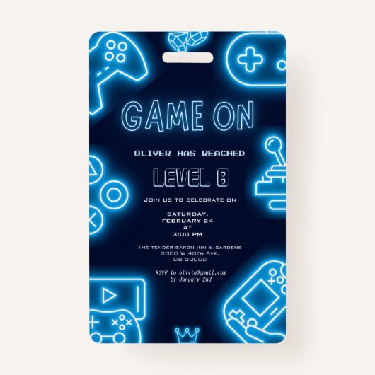 Neon Any year video games birthday invitation バッジ (正面)