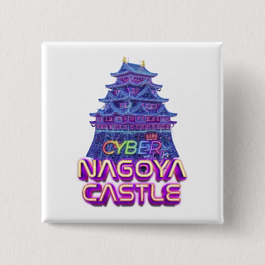 Neon art of "Nagoya Castle" in cyberpunk style 缶バッジ (正面)