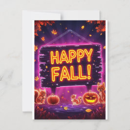 Neon Autumn Greeting Card 5x7 – Happy Fall Leaves ポストカード