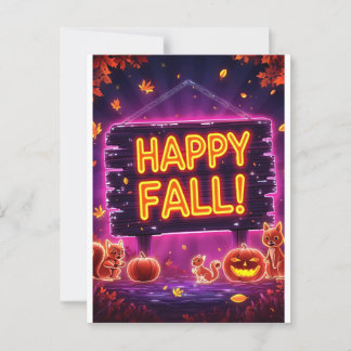 Neon Autumn Greeting Card 5x7 – Happy Fall Leaves ポストカード