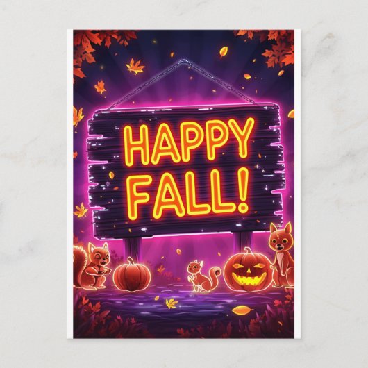 Neon Autumn Greeting Card 5x7 – Happy Fall Leaves ポストカード (正面)